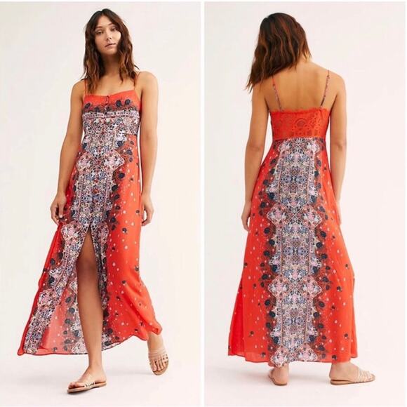 Free People Morning Song Red Floral Paisley Printed Button Lace Maxi Dress XS - Picture 16 of 16